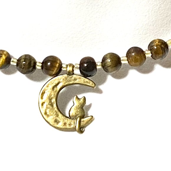 Tigers Eye Bronze Cat on the Moon Necklace, Genuine Gemstone Beaded Necklace - Picture 4 of 10